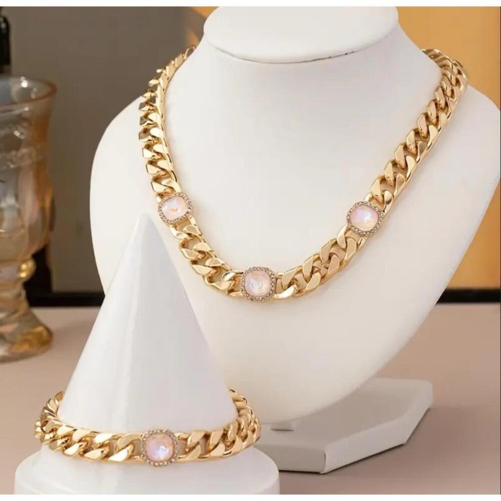 Gold Plated Pink chunky Cuban Chain Necklace SET Stainless Womens Jewelry gift